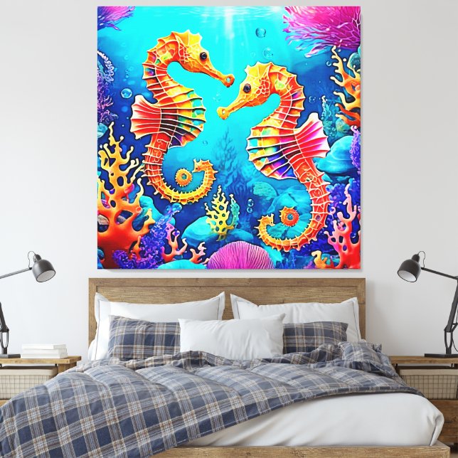 Colourful Seahorse Pair Design Canvas Print (Insitu(Bedroom))