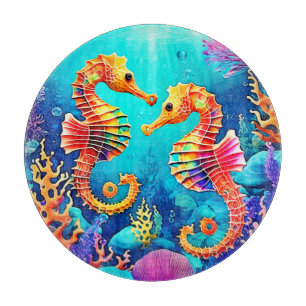 Colourful Seahorse Pair Design Cutting Board