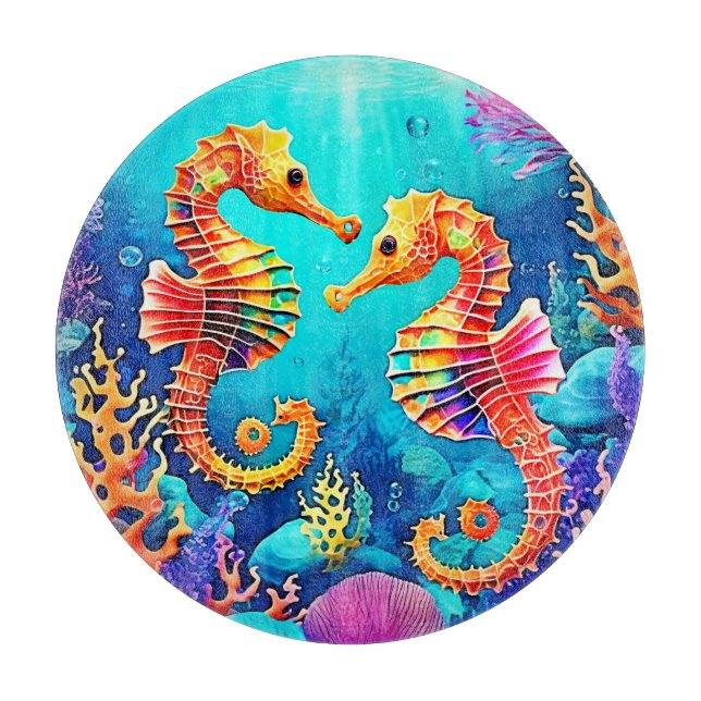 Colourful Seahorse Pair Design Cutting Board (Front)