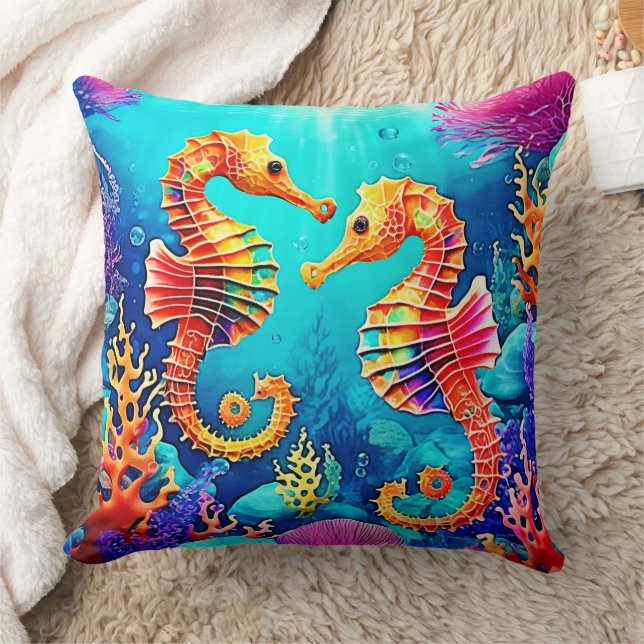 Colourful Seahorse Pair Design Throw Pillow (Blanket)