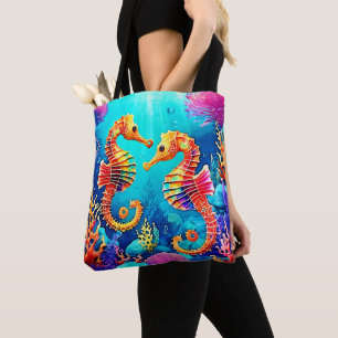 Colourful Seahorse Pair Design Tote Bag