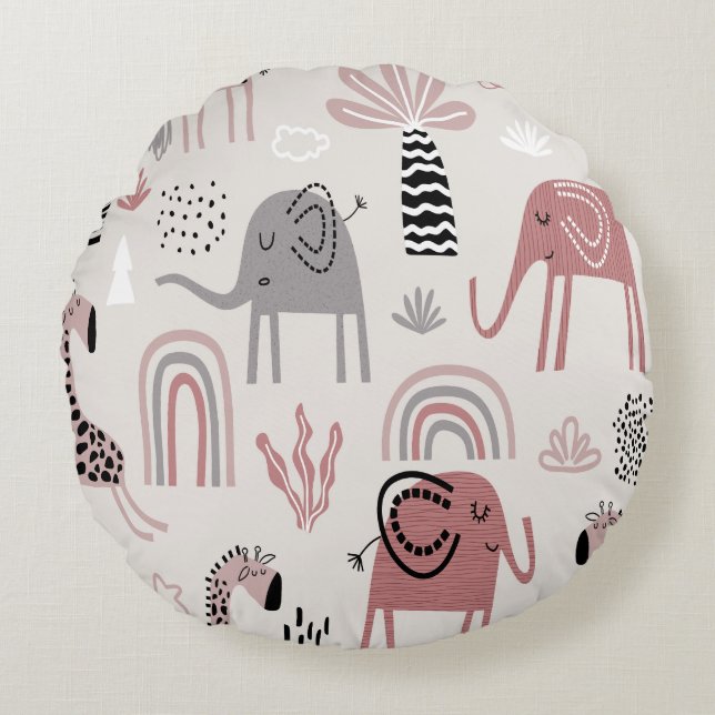 Colourful seamless pattern with cute elephants and round pillow (Front)