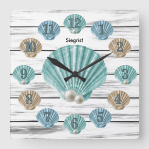 Colourful Seashells and White Weathered Wood Square Wall Clock