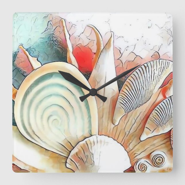 Colourful Seashells on beach watercolor painting  Square Wall Clock (Front)