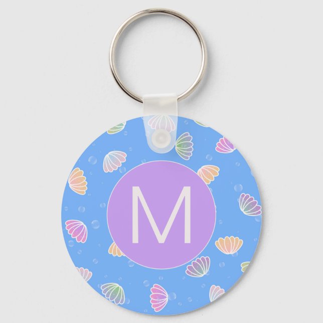 Colourful Seashells Pattern Light Blue Monogram Keychain (Front)