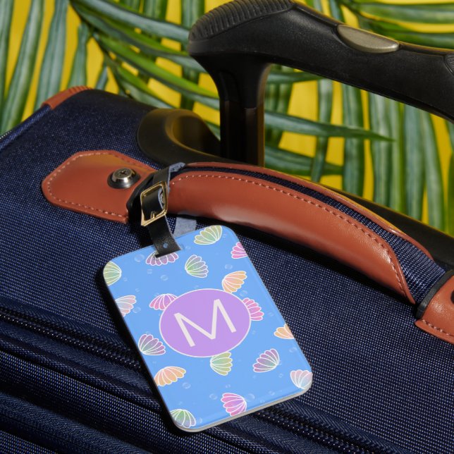 Colourful Seashells Pattern Light Blue Monogram Luggage Tag (Front Insitu 1)