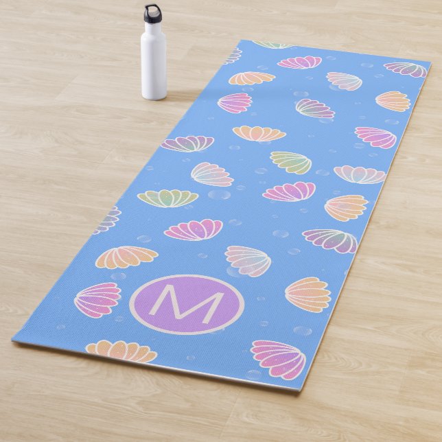 Colourful Seashells Pattern Light Blue Monogram Yoga Mat (In Situ)