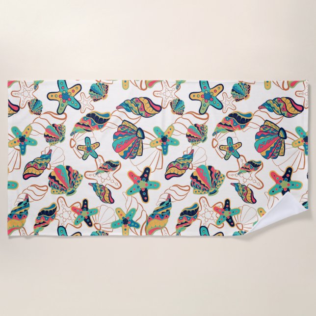 Colourful Seashells seamless pattern Beach Towel (Front)