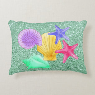 Colourful Seashells & Starfish Soft Green Accent Pillow