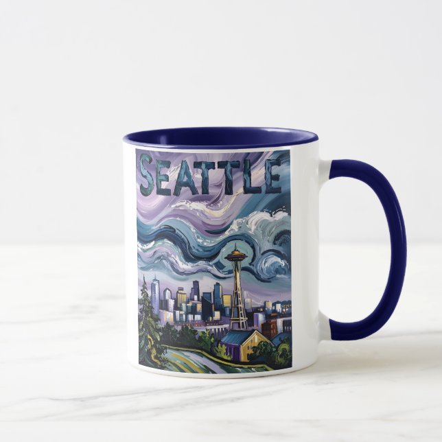 Colourful Seattle Skyline Van Gogh Cityscape Trave Mug (Right)