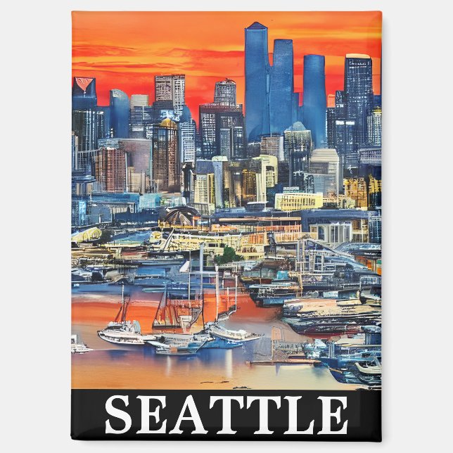 Colourful Seattle Washington Cityscape Sunset Magnet (Front)