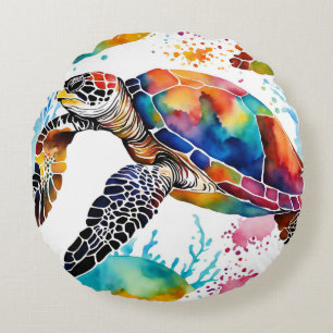 Colourful Seaturtle Art Round Pillow