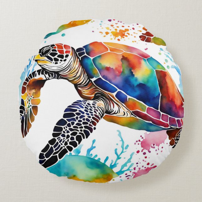 Colourful Seaturtle Art Round Pillow (Front)