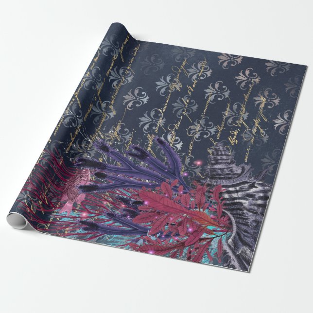 Colourful Seaweed and Fish on Blue Wrapping Paper (Unrolled)