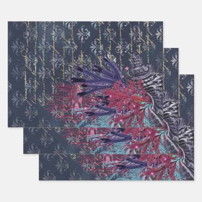 Colourful Seaweed and Fish on Blue Wrapping Paper Sheet (Set)