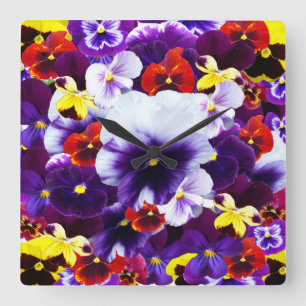 Colourful Selection Of Pretty Pansies, Square Wall Clock