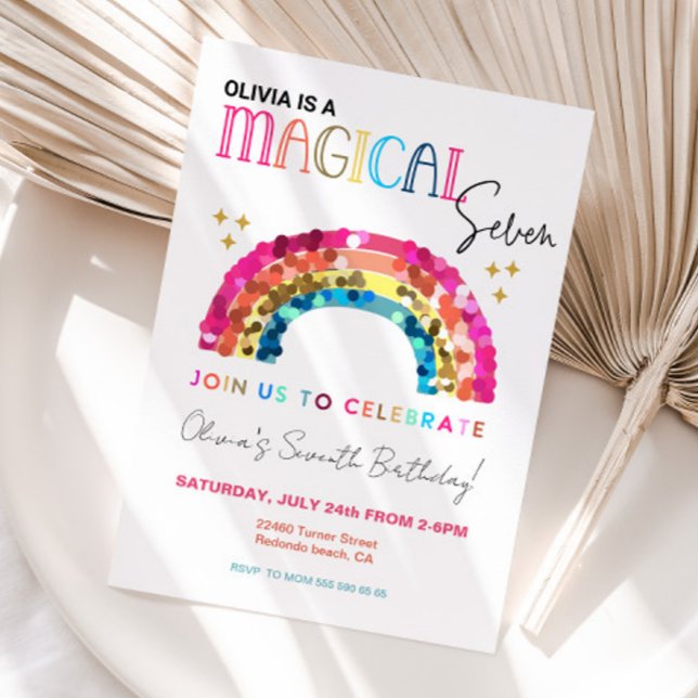 Colourful Sequin Rainbow 7th magical birthday Invitation (Rainbow invitation, magical seventh birthday)