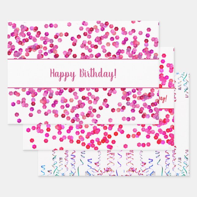 Colourful Sequins and Streamers Personalized Wrapping Paper Sheet (Set)