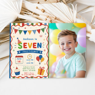 Colourful SEVEN 7th Birthday Party Invitation
