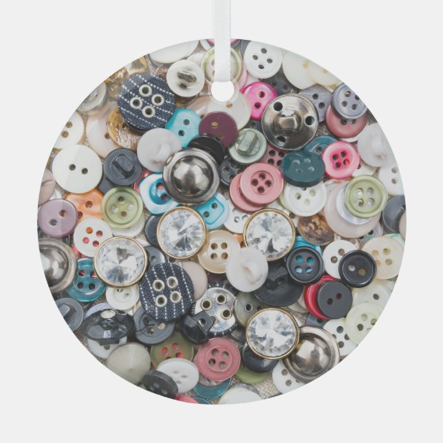 Colourful sewing buttons, natural fabric backgroun glass ornament (Front)