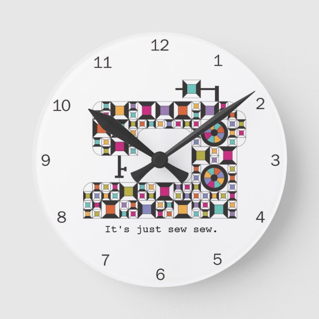 Colourful Sewing Machine Quilt Pattern Round Clock (Front)