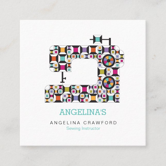 Colourful Sewing Machine Quilt Pattern Square Business Card (Front)