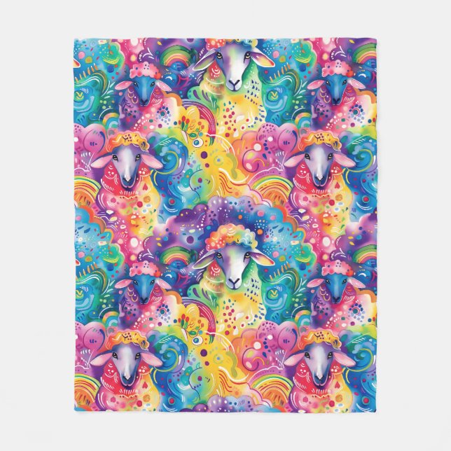 Colourful sheep pattern fleece blanket (Front)