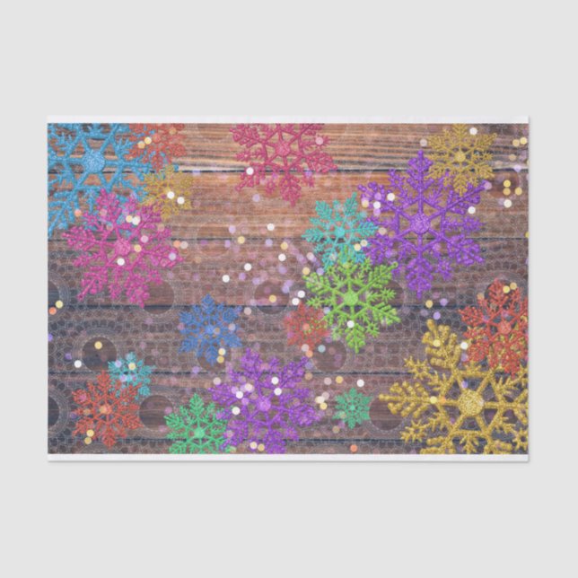 Colourful Shimmering Snowflakes On Lacy Barn Wood  Tissue Paper (Front)