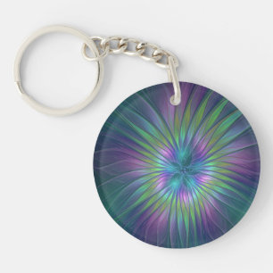 Colourful Shiny Fantasy Flower Abstract Fractal Ar Keychain