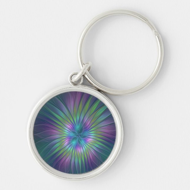 Colourful Shiny Fantasy Flower Abstract Fractal Ar Keychain (Front)