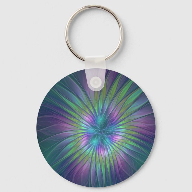 Colourful Shiny Fantasy Flower Abstract Fractal Ar Keychain (Front)