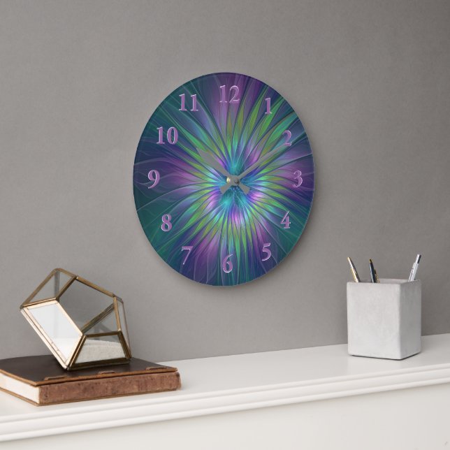 Colourful Shiny Fantasy Flower Abstract Fractal Ar Large Clock (Office)