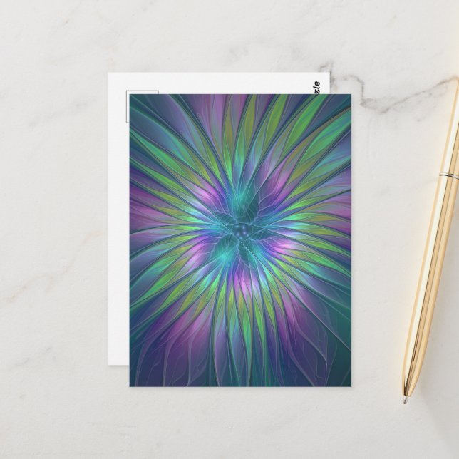 Colourful Shiny Fantasy Flower Abstract Fractal Ar Postcard (Front/Back In Situ)