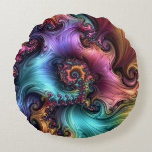 Colourful Shiny Fantasy Flower Abstract Fractal Ar Round Pillow