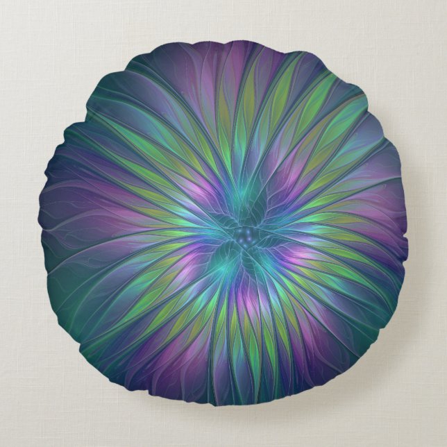 Colourful Shiny Fantasy Flower Abstract Fractal Ar Round Pillow (Front)
