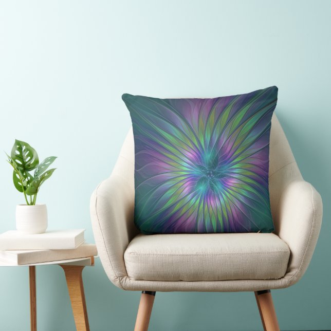 Colourful Shiny Fantasy Flower Abstract Fractal Ar Throw Pillow (Chair)