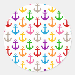 Colourful Ship Anchor Design White  Classic Round Sticker