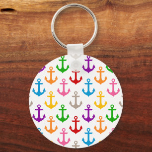 Colourful Ship Anchor Design White Keychain