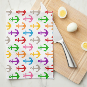 Colourful Ship Anchor Design White Kitchen Towel