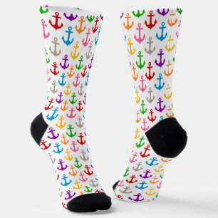 Colourful Ship Anchor Design White Socks