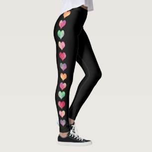 Colourful Side Stripe Watercolor Hearts Ladies Yog Leggings