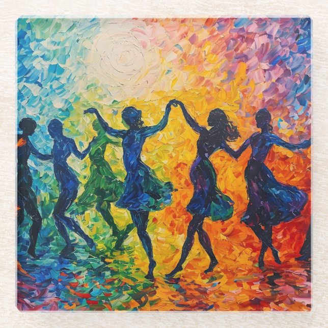 Colourful Silhouettes Dancing Glass Coaster (Front)
