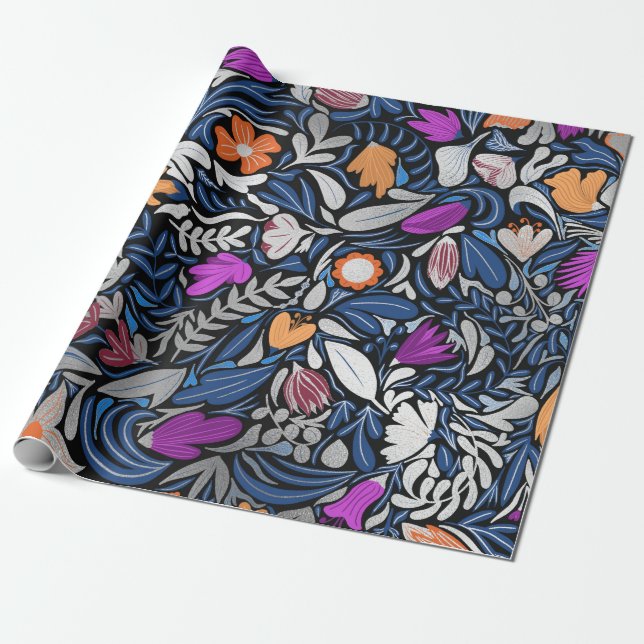 Colourful Silver Floral Leaf Illustration Pattern Wrapping Paper (Unrolled)