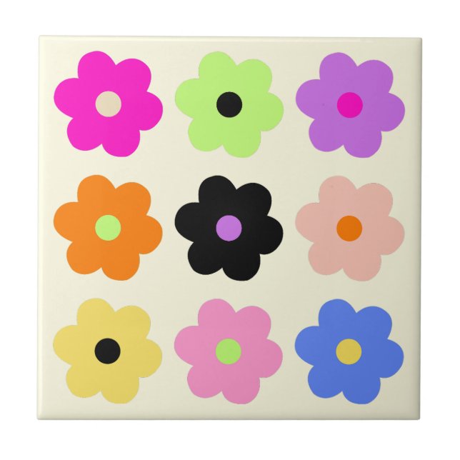 Colourful Simple Daisies Retro BOHO Chic Floral Tile (Front)