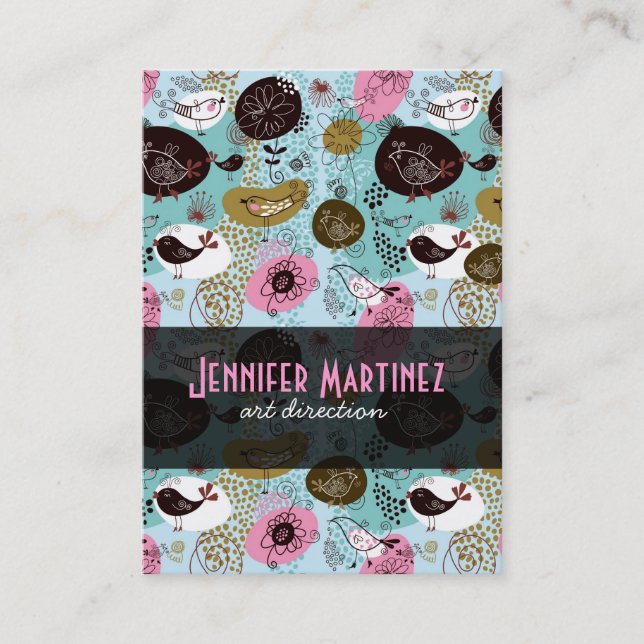 Colourful Simple Hand Drawn Retro Flowers & Birds Business Card (Front)