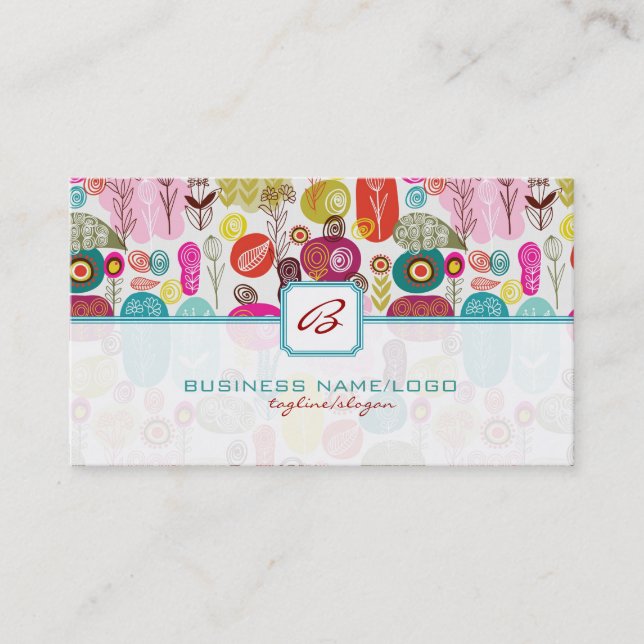 Colourful Simple Hand Drawn Retro Flowers-Monogram Business Card (Front)