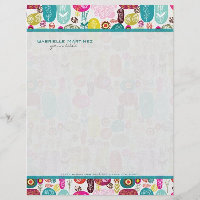Colourful Simple Hand Drawn Retro Flowers Pattern  Letterhead (Front)