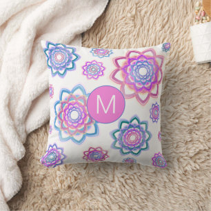 Colourful Simple Lotus Monogram Pink Pastel Green Throw Pillow