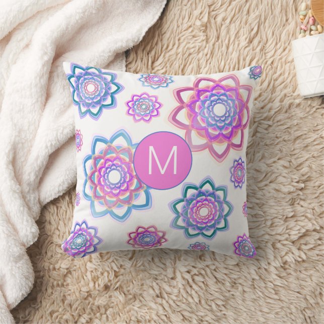 Colourful Simple Lotus Monogram Pink Pastel Green Throw Pillow (Blanket)