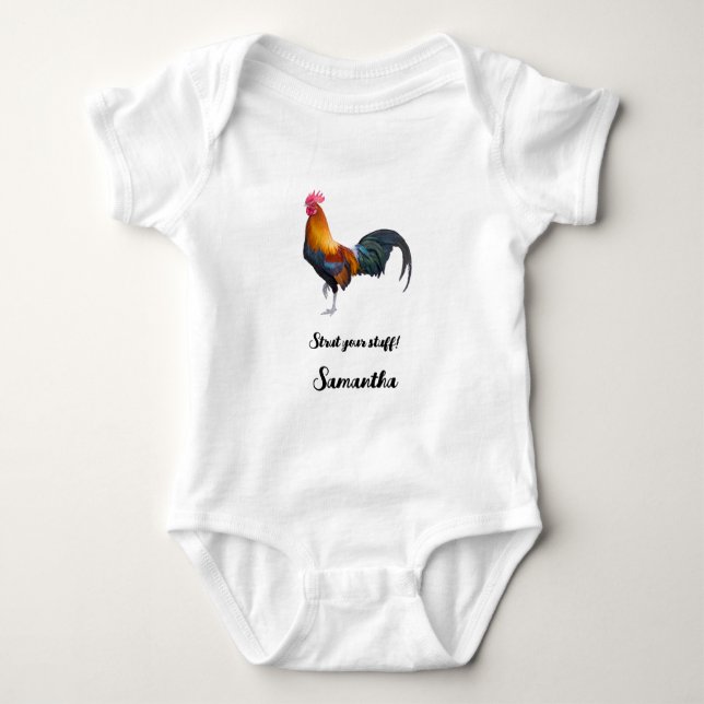 Colourful Simplistic Rooster "Strut your stuff!" Baby Bodysuit (Front)